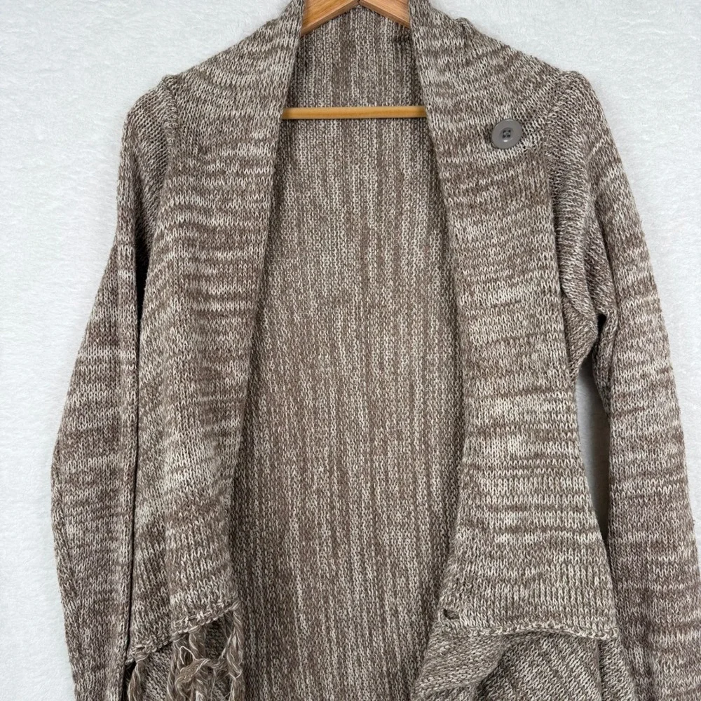 Unbranded Brown Marled Fringe Asymmetric Button Drape‎ Knit Cardigan Sweater